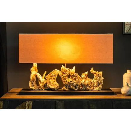 Lampe de table design PURE UNIQUE 80 cm – Bois flotté naturel et abat-jour en lin beige