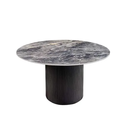 Table à manger ronde UNIQUE Ø120 cm – Plateau en céramique noire effet marbre & pied colonne