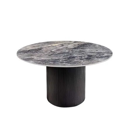 Table à manger ronde UNIQUE Ø120 cm – Plateau en céramique noire effet marbre & pied colonne