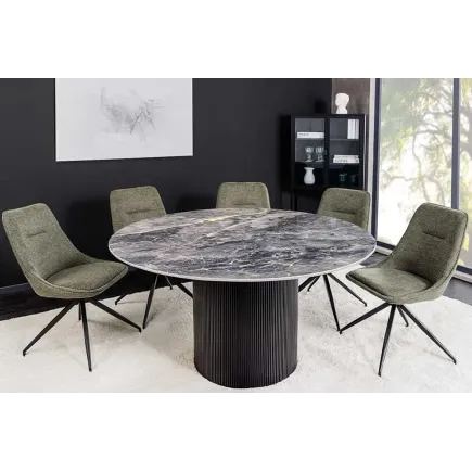 Table à manger ronde UNIQUE Ø120 cm – Plateau en céramique noire effet marbre & pied colonne 2