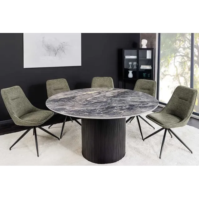 Table à manger ronde UNIQUE Ø120 cm – Plateau en céramique noire effet marbre & pied colonne Table à manger ronde UNIQUE Ø120 cm – Plateau en céramique noire effet marbre & pied colonne
