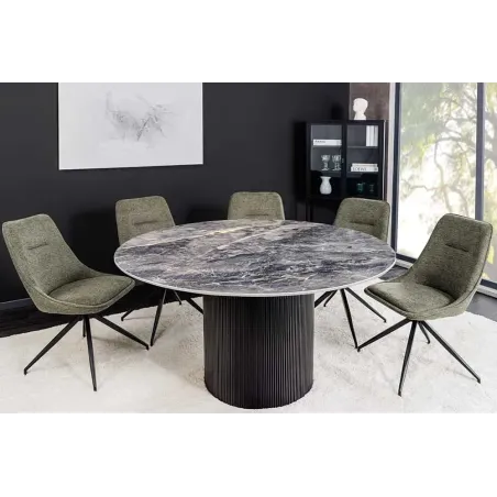 Table à manger ronde UNIQUE Ø120 cm – Plateau en céramique noire effet marbre & pied colonne