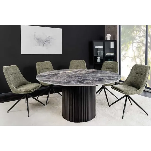 Table à manger ronde UNIQUE Ø120 cm – Plateau en céramique noire effet marbre & pied colonne Table à manger ronde UNIQUE Ø120 cm – Plateau en céramique noire effet marbre & pied colonne