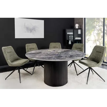 Table à manger ronde UNIQUE Ø120 cm – Plateau en céramique noire effet marbre & pied colonne