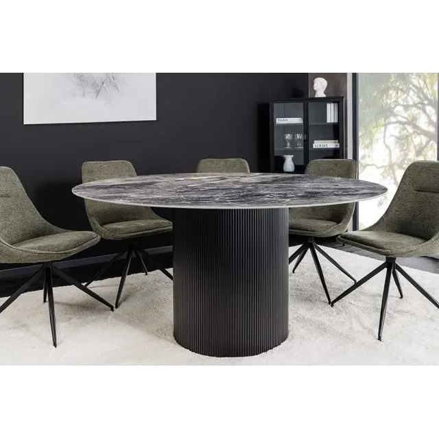 Table à manger ronde UNIQUE Ø120 cm – Plateau en céramique noire effet marbre & pied colonne Table à manger ronde UNIQUE Ø120 cm – Plateau en céramique noire effet marbre & pied colonne