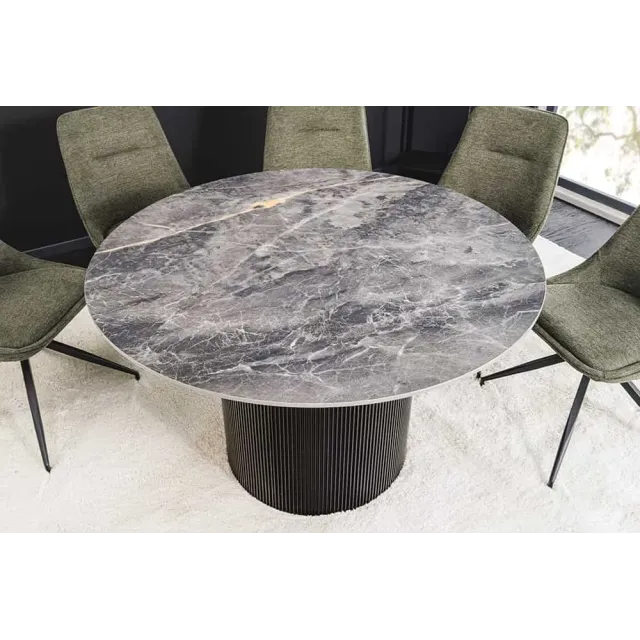 Table à manger ronde UNIQUE Ø120 cm – Plateau en céramique noire effet marbre & pied colonne Table à manger ronde UNIQUE Ø120 cm – Plateau en céramique noire effet marbre & pied colonne