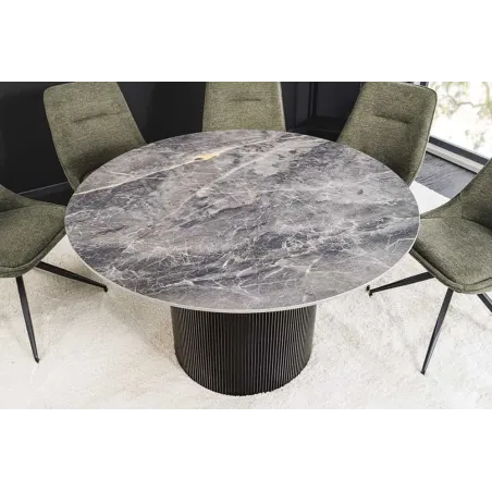 Table à manger ronde UNIQUE Ø120 cm – Plateau en céramique noire effet marbre & pied colonne