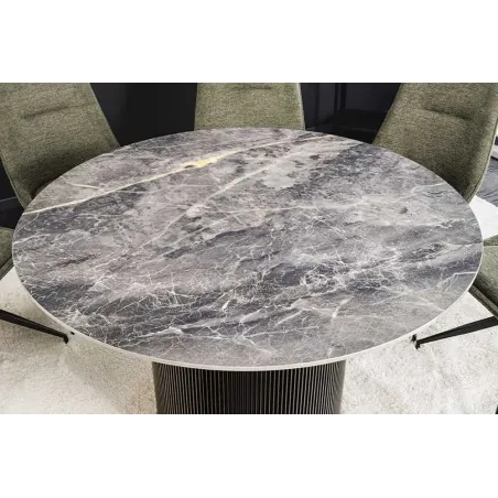 Table à manger ronde UNIQUE Ø120 cm – Plateau en céramique noire effet marbre & pied colonne