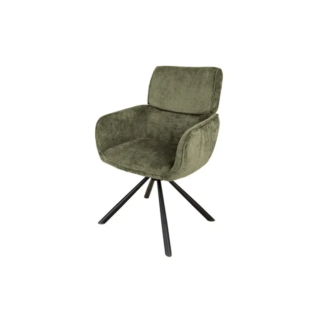 Chaise rétro pivotante UNIQUE – Tissu chenille vert avec accoudoirs & pieds en métal noir
