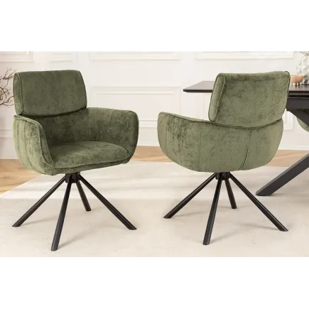 Chaise rétro pivotante UNIQUE – Tissu chenille vert avec accoudoirs & pieds en métal noir