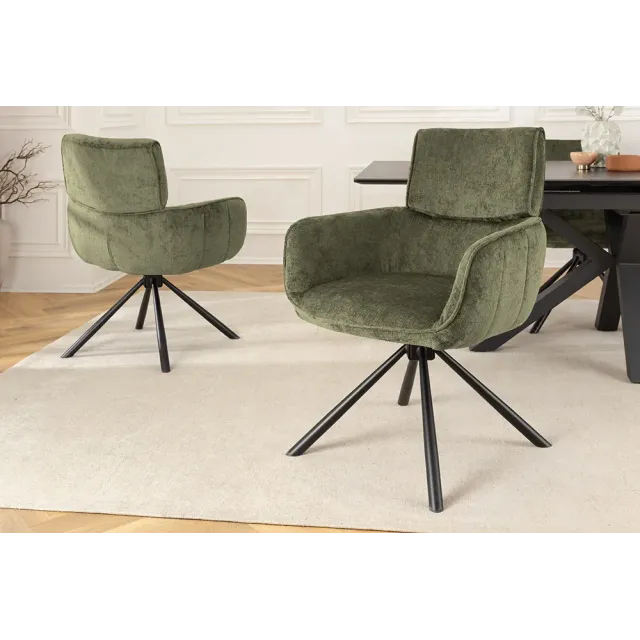 Chaise rétro pivotante UNIQUE – Tissu chenille vert avec accoudoirs & pieds en métal noir