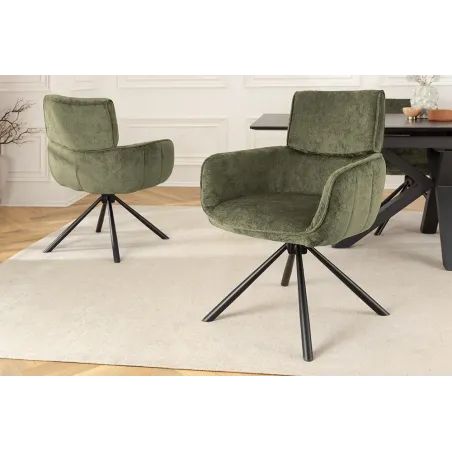 Chaise rétro pivotante UNIQUE – Tissu chenille vert avec accoudoirs & pieds en métal noir