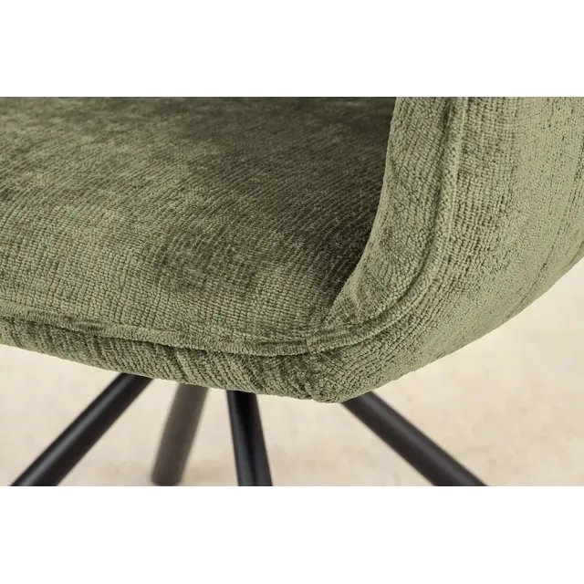 Chaise rétro pivotante UNIQUE – Tissu chenille vert avec accoudoirs & pieds en métal noir
