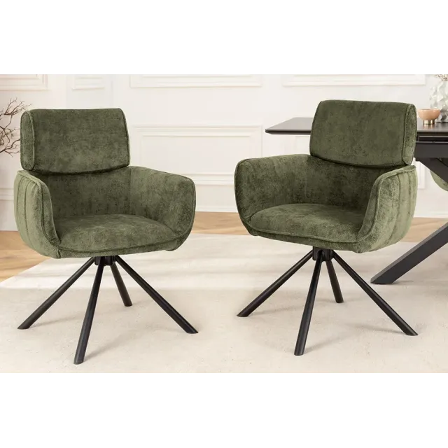 Chaise rétro pivotante UNIQUE – Tissu chenille vert avec accoudoirs & pieds en métal noir
