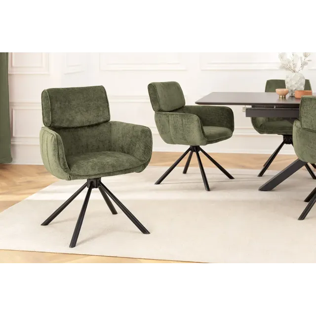 Chaise rétro pivotante UNIQUE – Tissu chenille vert avec accoudoirs & pieds en métal noir