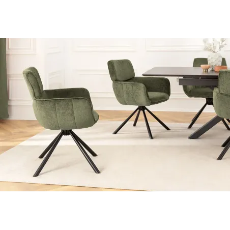 Chaise rétro pivotante UNIQUE – Tissu chenille vert avec accoudoirs & pieds en métal noir