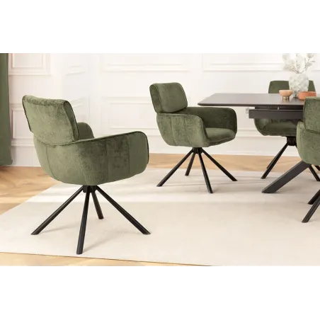 Chaise rétro pivotante UNIQUE – Tissu chenille vert avec accoudoirs & pieds en métal noir