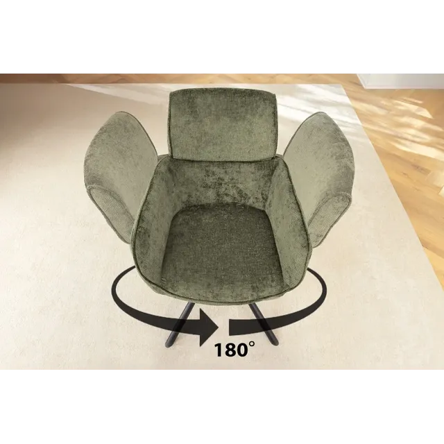 Chaise rétro pivotante UNIQUE – Tissu chenille vert avec accoudoirs & pieds en métal noir