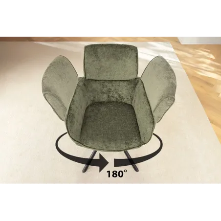 Chaise rétro pivotante UNIQUE – Tissu chenille vert avec accoudoirs & pieds en métal noir