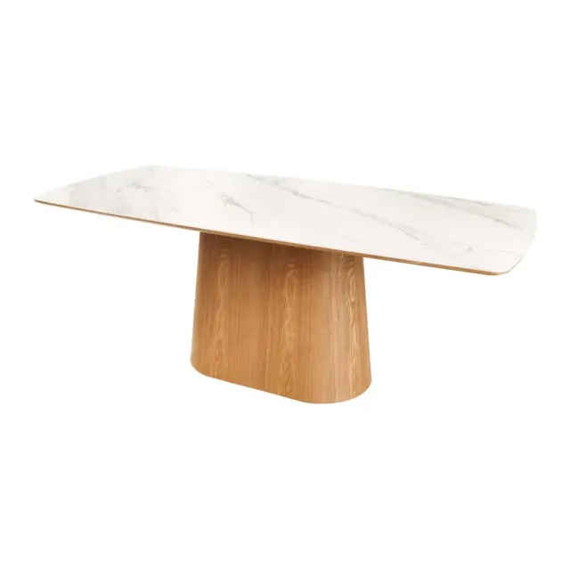 Table à manger design UNIQUE 200 cm – Plateau en céramique blanc effet marbre & pied colonne en chêne Table à manger design UNIQUE 200 cm – Plateau en céramique blanc effet marbre & pied colonne en chêne