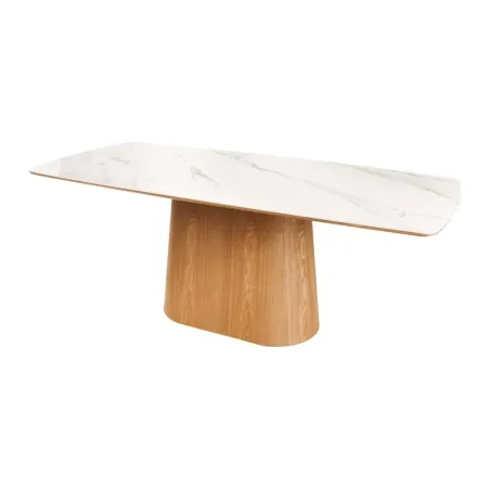 Table à manger design UNIQUE 200 cm – Plateau en céramique blanc effet marbre & pied colonne en chêne