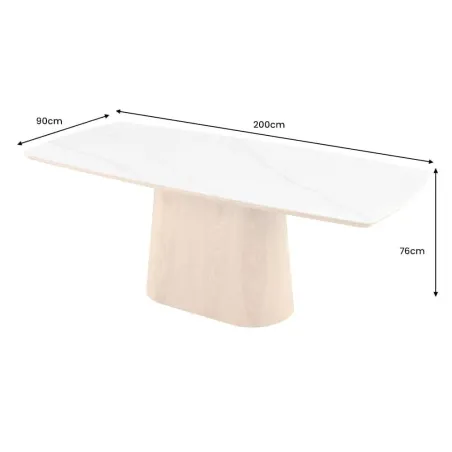 Table à manger design UNIQUE 200 cm – Plateau en céramique blanc effet marbre & pied colonne en chêne