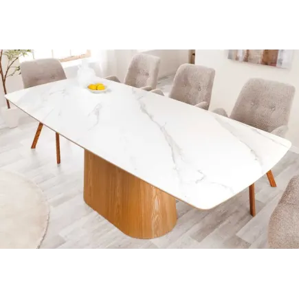 Table à manger design UNIQUE 200 cm – Plateau en céramique blanc effet marbre & pied colonne en chêne