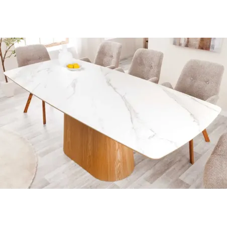 Table à manger design UNIQUE 200 cm – Plateau en céramique blanc effet marbre & pied colonne en chêne