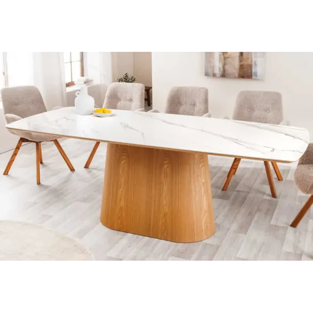 Table à manger design UNIQUE 200 cm – Plateau en céramique blanc effet marbre & pied colonne en chêne Table à manger design UNIQUE 200 cm – Plateau en céramique blanc effet marbre & pied colonne en chêne