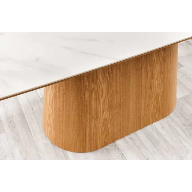 Table à manger design UNIQUE 200 cm – Plateau en céramique blanc effet marbre & pied colonne en chêne Table à manger design UNIQUE 200 cm – Plateau en céramique blanc effet marbre & pied colonne en chêne