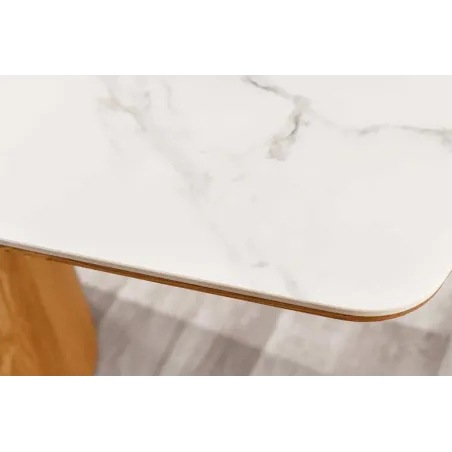 Table à manger design UNIQUE 200 cm – Plateau en céramique blanc effet marbre & pied colonne en chêne
