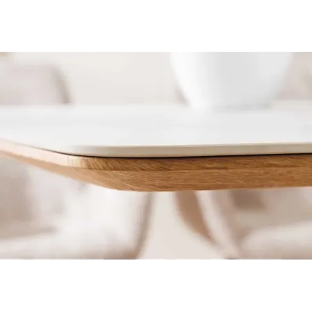 Table à manger design UNIQUE 200 cm – Plateau en céramique blanc effet marbre & pied colonne en chêne