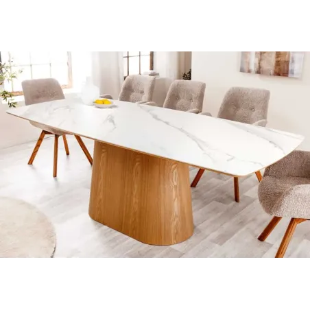 Table à manger design UNIQUE 200 cm – Plateau en céramique blanc effet marbre & pied colonne en chêne