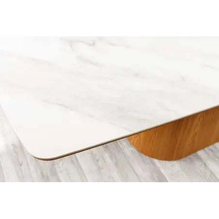 Table à manger design UNIQUE 200 cm – Plateau en céramique blanc effet marbre & pied colonne en chêne