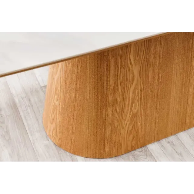 Table à manger design UNIQUE 200 cm – Plateau en céramique blanc effet marbre & pied colonne en chêne Table à manger design UNIQUE 200 cm – Plateau en céramique blanc effet marbre & pied colonne en chêne