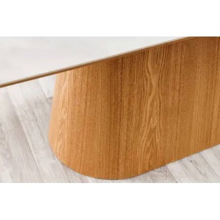 Table à manger design UNIQUE 200 cm – Plateau en céramique blanc effet marbre & pied colonne en chêne