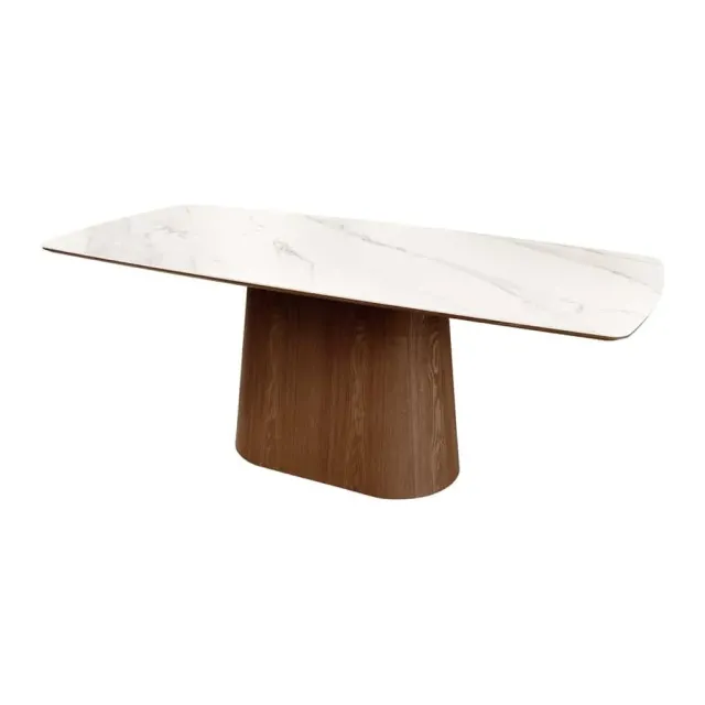 Table à manger design UNIQUE 200 cm – Plateau céramique blanc effet marbre & pied colonne noyer Table à manger design UNIQUE 200 cm – Plateau céramique blanc effet marbre & pied colonne noyer