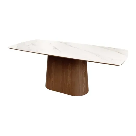 Table à manger design UNIQUE 200 cm – Plateau céramique blanc effet marbre & pied colonne noyer
