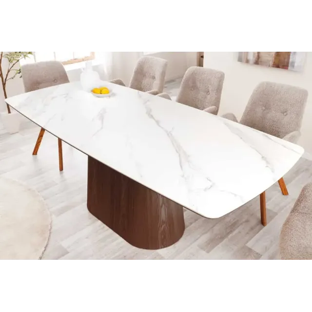 Table à manger design UNIQUE 200 cm – Plateau céramique blanc effet marbre & pied colonne noyer Table à manger design UNIQUE 200 cm – Plateau céramique blanc effet marbre & pied colonne noyer