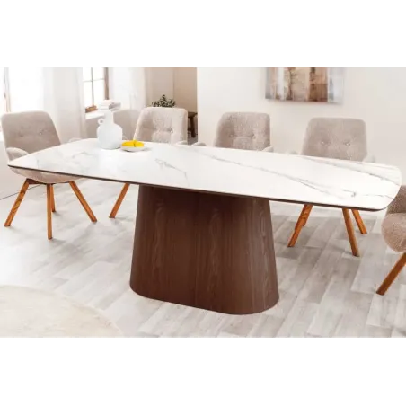 Table à manger design UNIQUE 200 cm – Plateau céramique blanc effet marbre & pied colonne noyer