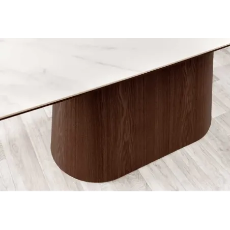 Table à manger design UNIQUE 200 cm – Plateau céramique blanc effet marbre & pied colonne noyer