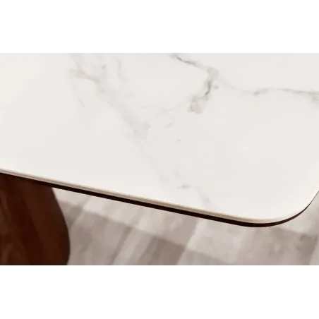 Table à manger design UNIQUE 200 cm – Plateau céramique blanc effet marbre & pied colonne noyer
