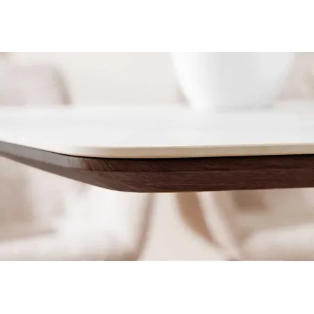 Table à manger design UNIQUE 200 cm – Plateau céramique blanc effet marbre & pied colonne noyer