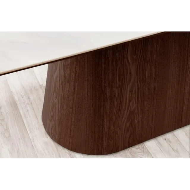 Table à manger design UNIQUE 200 cm – Plateau céramique blanc effet marbre & pied colonne noyer Table à manger design UNIQUE 200 cm – Plateau céramique blanc effet marbre & pied colonne noyer