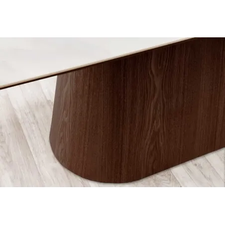 Table à manger design UNIQUE 200 cm – Plateau céramique blanc effet marbre & pied colonne noyer