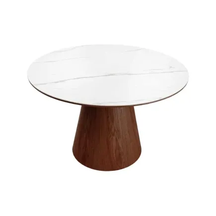 Table à manger ronde UNIQUE 120 cm – Plateau céramique blanc effet marbre & pied colonne noyer