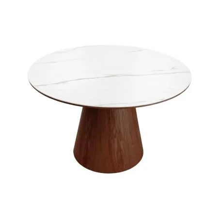 Table à manger ronde UNIQUE 120 cm – Plateau céramique blanc effet marbre & pied colonne noyer