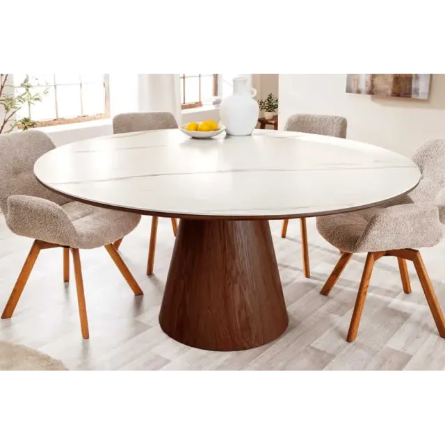 Table à manger ronde UNIQUE 120 cm – Plateau céramique blanc effet marbre & pied colonne noyer Table à manger ronde UNIQUE 120 cm – Plateau céramique blanc effet marbre & pied colonne noyer