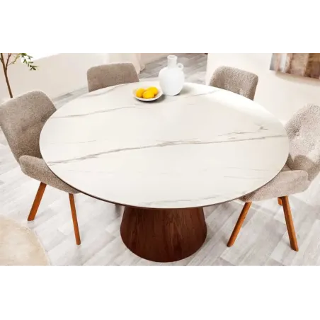 Table à manger ronde UNIQUE 120 cm – Plateau céramique blanc effet marbre & pied colonne noyer