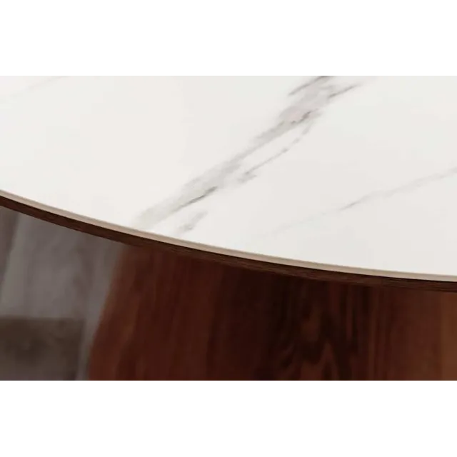 Table à manger ronde UNIQUE 120 cm – Plateau céramique blanc effet marbre & pied colonne noyer Table à manger ronde UNIQUE 120 cm – Plateau céramique blanc effet marbre & pied colonne noyer
